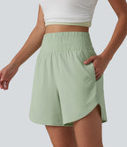 High Waisted Curved Hem Casual Stretch Linen Shorts 5'' with Pockets — Mist Meadow Green — view 3