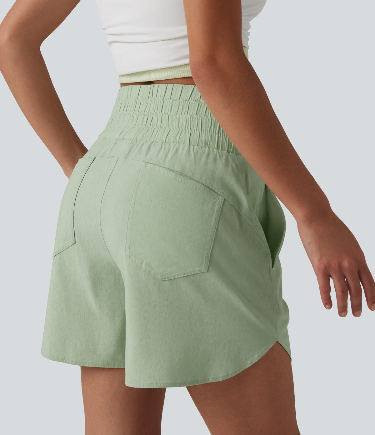 High Waisted Curved Hem Casual Stretch Linen Shorts 5'' with Pockets — Mist Meadow Green — view 2