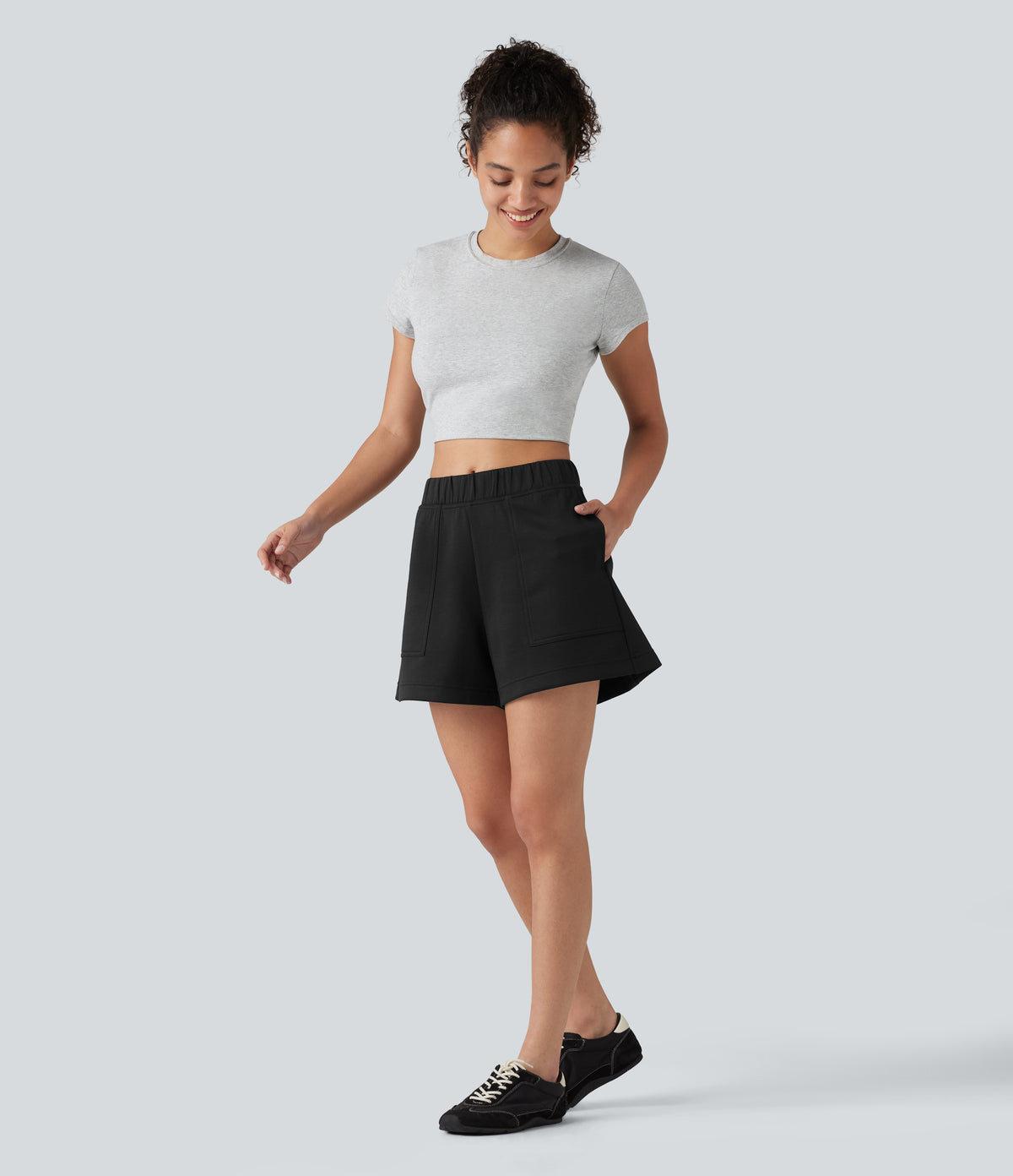 Mid Rise A-line Dance Shorts with Pockets — Black — view 7