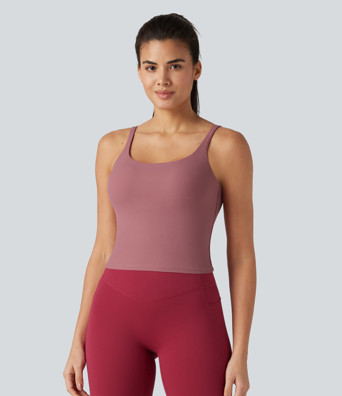 Backless U-Neck Built-in Bra Dance Tank Top — Deco Rose — view 3