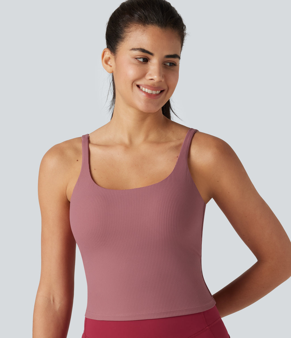 Backless U-Neck Built-in Bra Dance Tank Top — Deco Rose — view 5