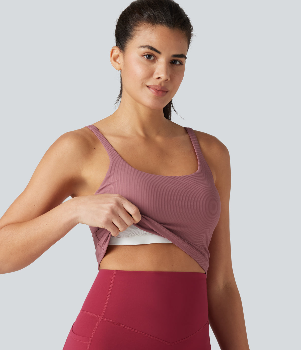 Backless U-Neck Built-in Bra Dance Tank Top — Deco Rose — view 1