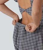 Twisted Backless Ruffle Plaid Crinkle Quick Dry Casual Playsuit with Pockets — Ink-Snow Weave Plaid — view 4