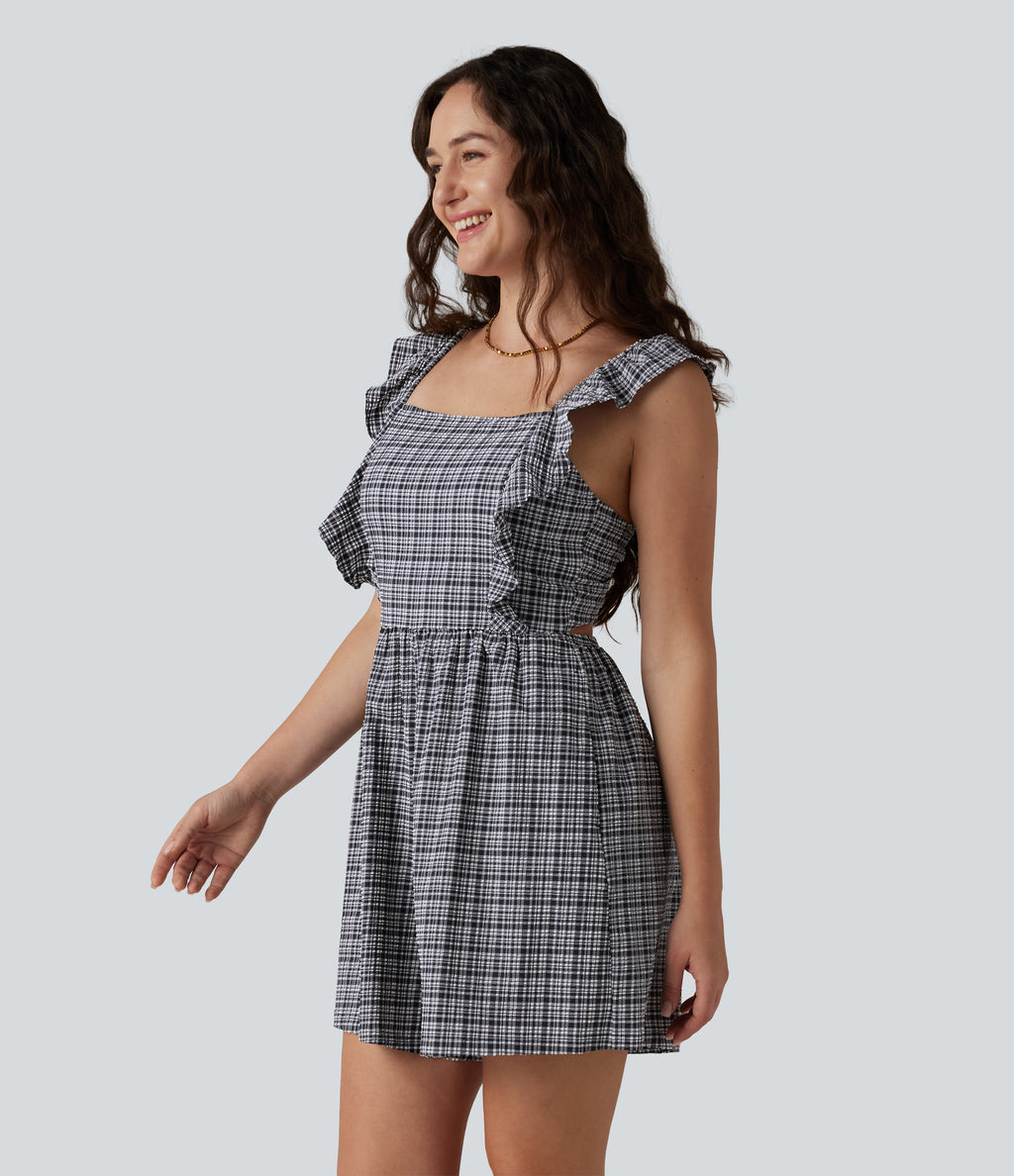 Twisted Backless Ruffle Plaid Crinkle Quick Dry Casual Playsuit with Pockets — Ink-Snow Weave Plaid — view 3