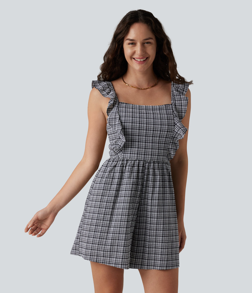 Twisted Backless Ruffle Plaid Crinkle Quick Dry Casual Playsuit with Pockets — Ink-Snow Weave Plaid — view 2