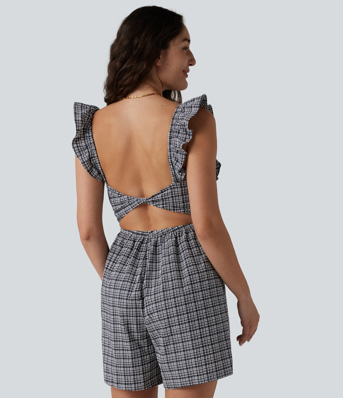Twisted Backless Ruffle Plaid Crinkle Quick Dry Casual Playsuit with Pockets — Ink-Snow Weave Plaid — view 5