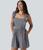 Twisted Backless Ruffle Plaid Crinkle Quick Dry Casual Playsuit with Pockets — Ink-Snow Weave Plaid — view 6