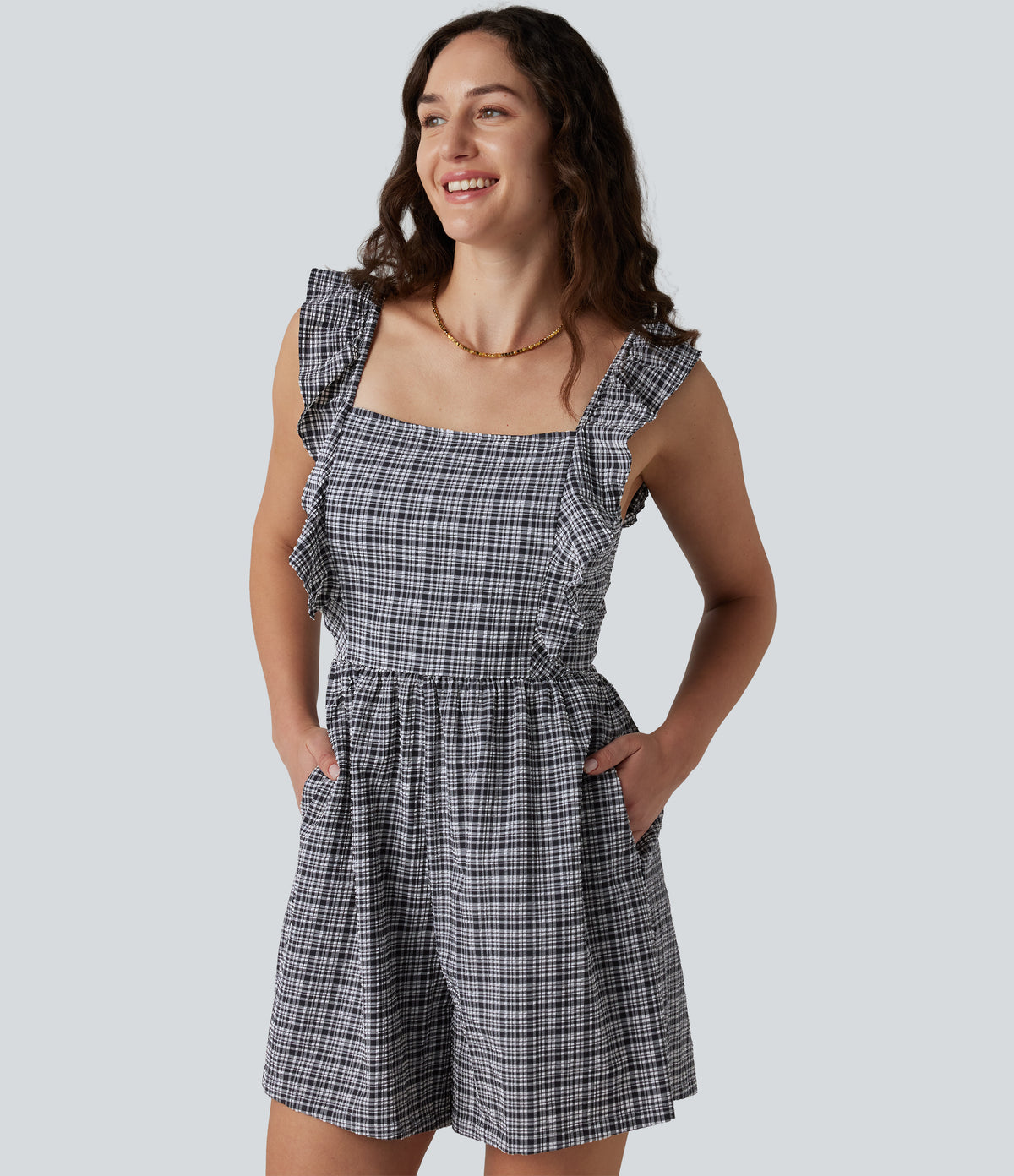 Twisted Backless Ruffle Plaid Crinkle Quick Dry Casual Playsuit with Pockets — Ink-Snow Weave Plaid — view 6