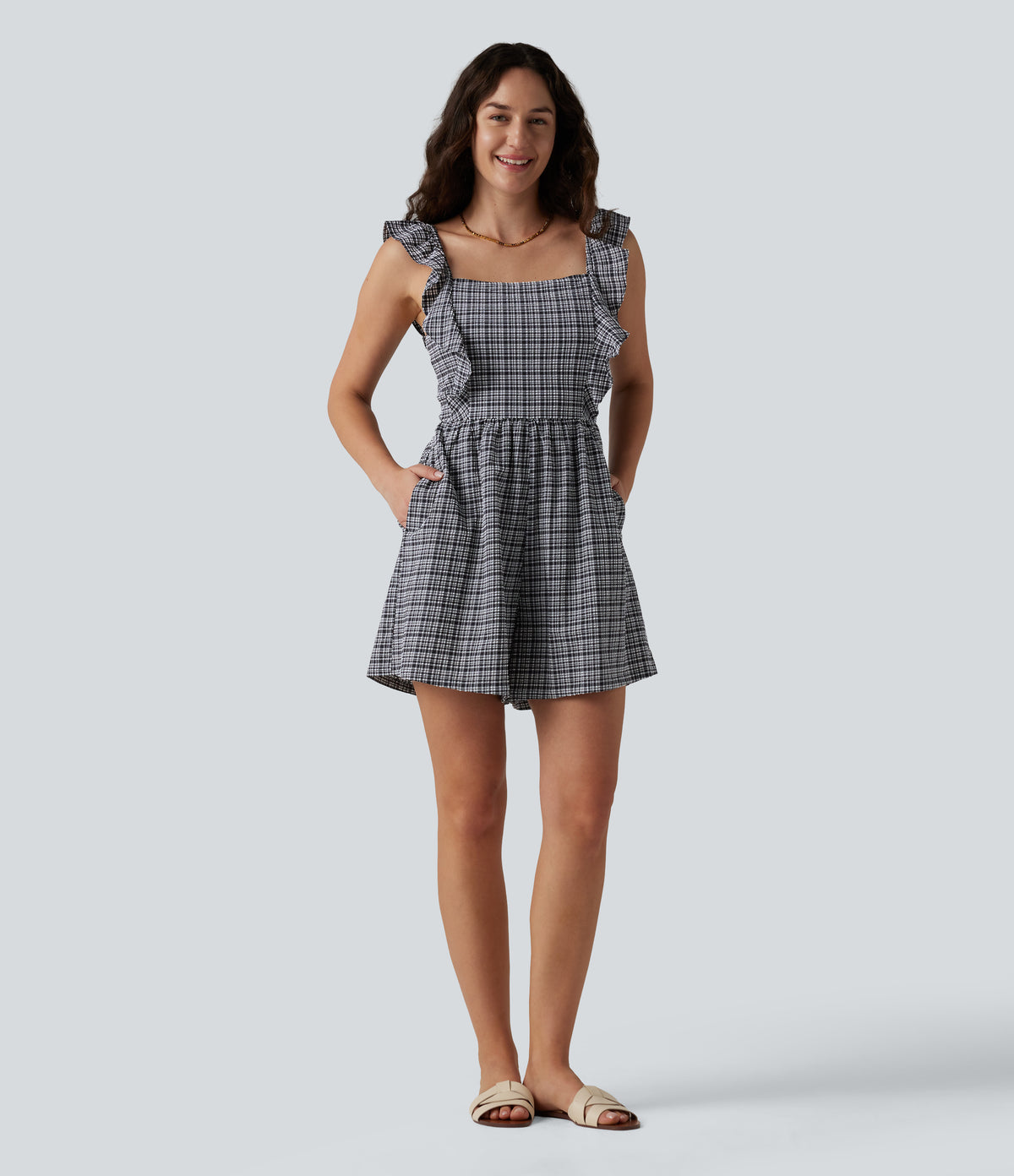 Twisted Backless Ruffle Plaid Crinkle Quick Dry Casual Playsuit with Pockets — Ink-Snow Weave Plaid — view 7