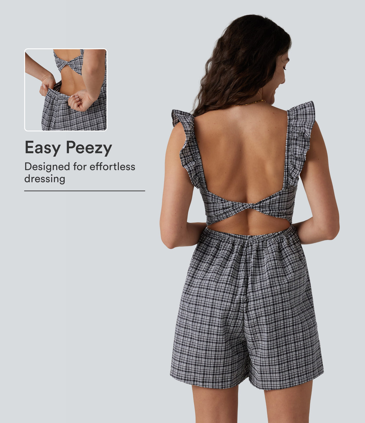Twisted Backless Ruffle Plaid Crinkle Quick Dry Casual Playsuit with Pockets — Ink-Snow Weave Plaid — view 1
