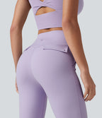 High Waisted Tummy Control Casual Flare Leggings with Pockets — Pastel Lilac — view 5