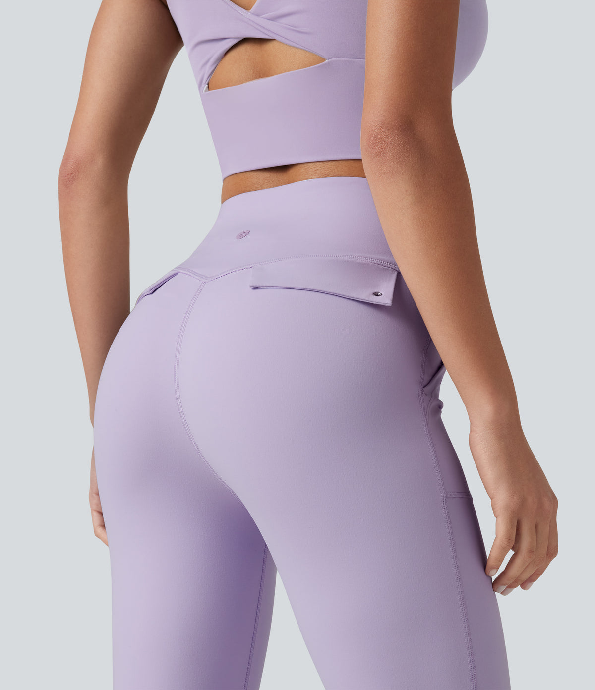 High Waisted Tummy Control Casual Flare Leggings with Pockets — Pastel Lilac — view 5