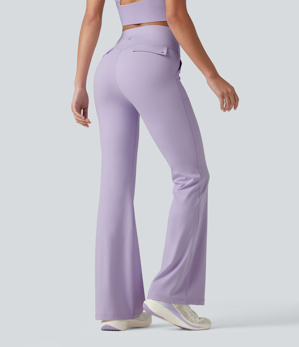 High Waisted Tummy Control Casual Flare Leggings with Pockets — Pastel Lilac — view 2