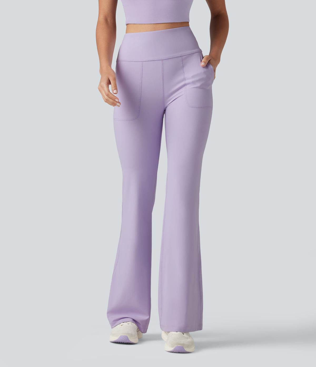 High Waisted Tummy Control Casual Flare Leggings with Pockets — Pastel Lilac — view 3