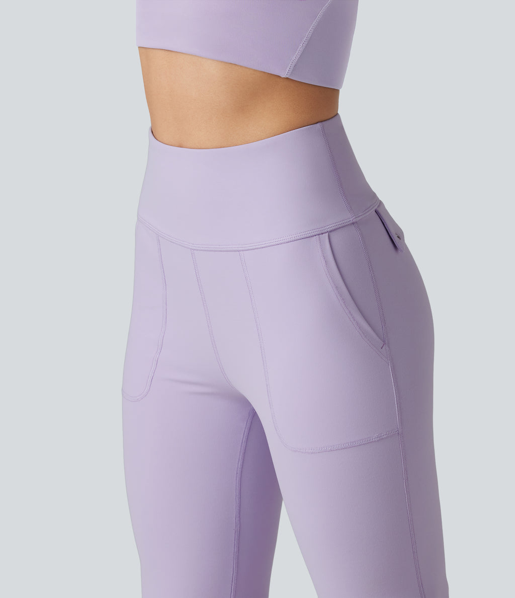 High Waisted Tummy Control Casual Flare Leggings with Pockets — Pastel Lilac — view 4