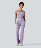 High Waisted Tummy Control Casual Flare Leggings with Pockets — Pastel Lilac — view 8