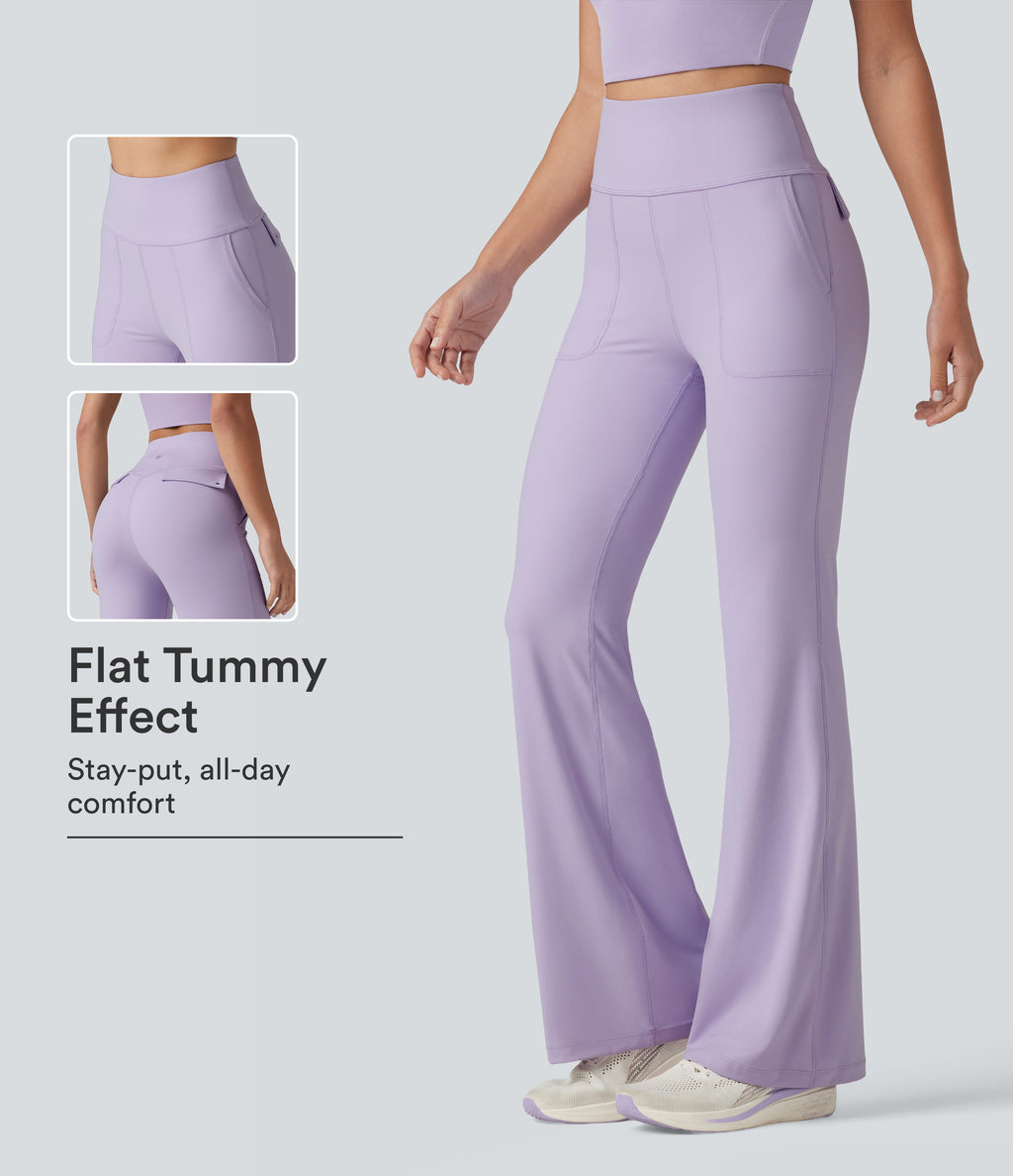 High Waisted Tummy Control Casual Flare Leggings with Pockets — Pastel Lilac — view 1