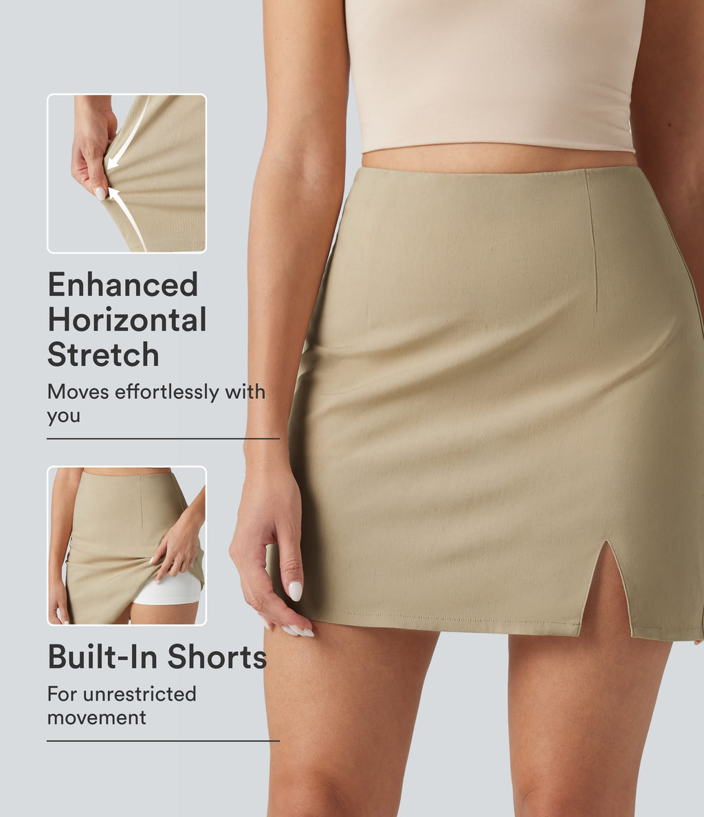 High Waisted Invisible Zipper Split 2-in-1 Casual Stretch Linen Skirt — Oatfield Cream — view 1