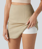 High Waisted Invisible Zipper Split 2-in-1 Casual Stretch Linen Skirt — Oatfield Cream — view 4