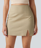High Waisted Invisible Zipper Split 2-in-1 Casual Stretch Linen Skirt — Oatfield Cream — view 6