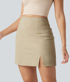 High Waisted Invisible Zipper Split 2-in-1 Casual Stretch Linen Skirt — Oatfield Cream — view 3