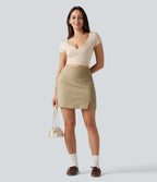 High Waisted Invisible Zipper Split 2-in-1 Casual Stretch Linen Skirt — Oatfield Cream — view 8