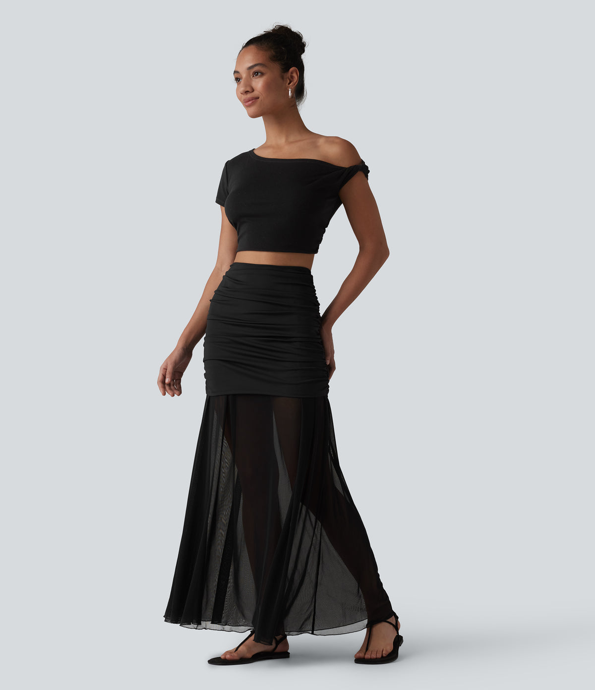 High Waisted Ruched Maxi 2-in-1 Casual Flowy Mesh Skirt — Black — view 7