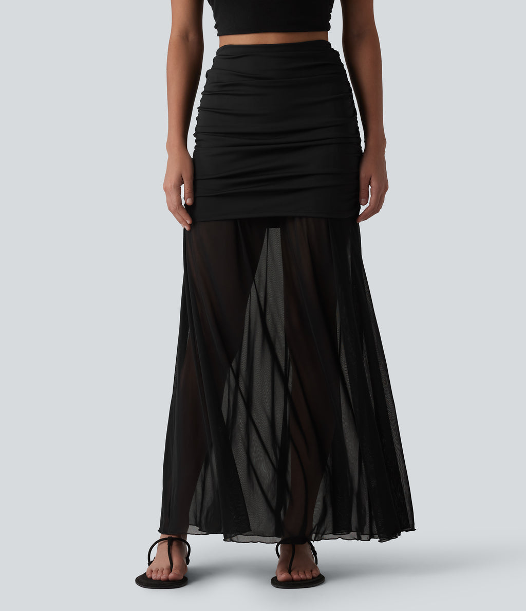 High Waisted Ruched Maxi 2-in-1 Casual Flowy Mesh Skirt — Black — view 3