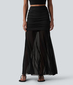 High Waisted Ruched Maxi 2-in-1 Casual Flowy Mesh Skirt — Black — view 3