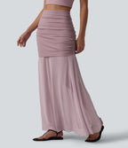 High Waisted Ruched Maxi 2-in-1 Casual Flowy Mesh Skirt — Zephyr — view 8