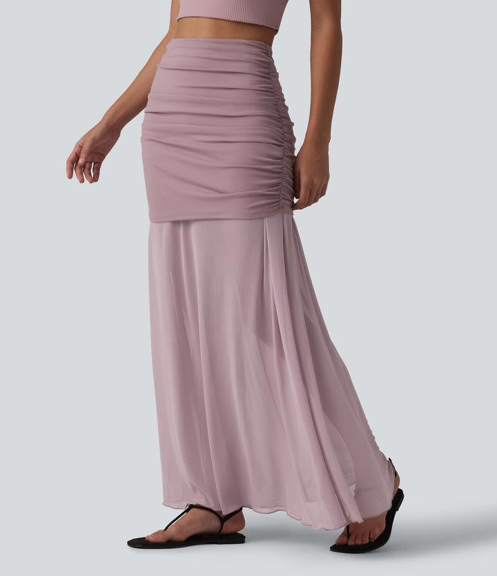High Waisted Ruched Maxi 2-in-1 Casual Flowy Mesh Skirt — Zephyr — view 8