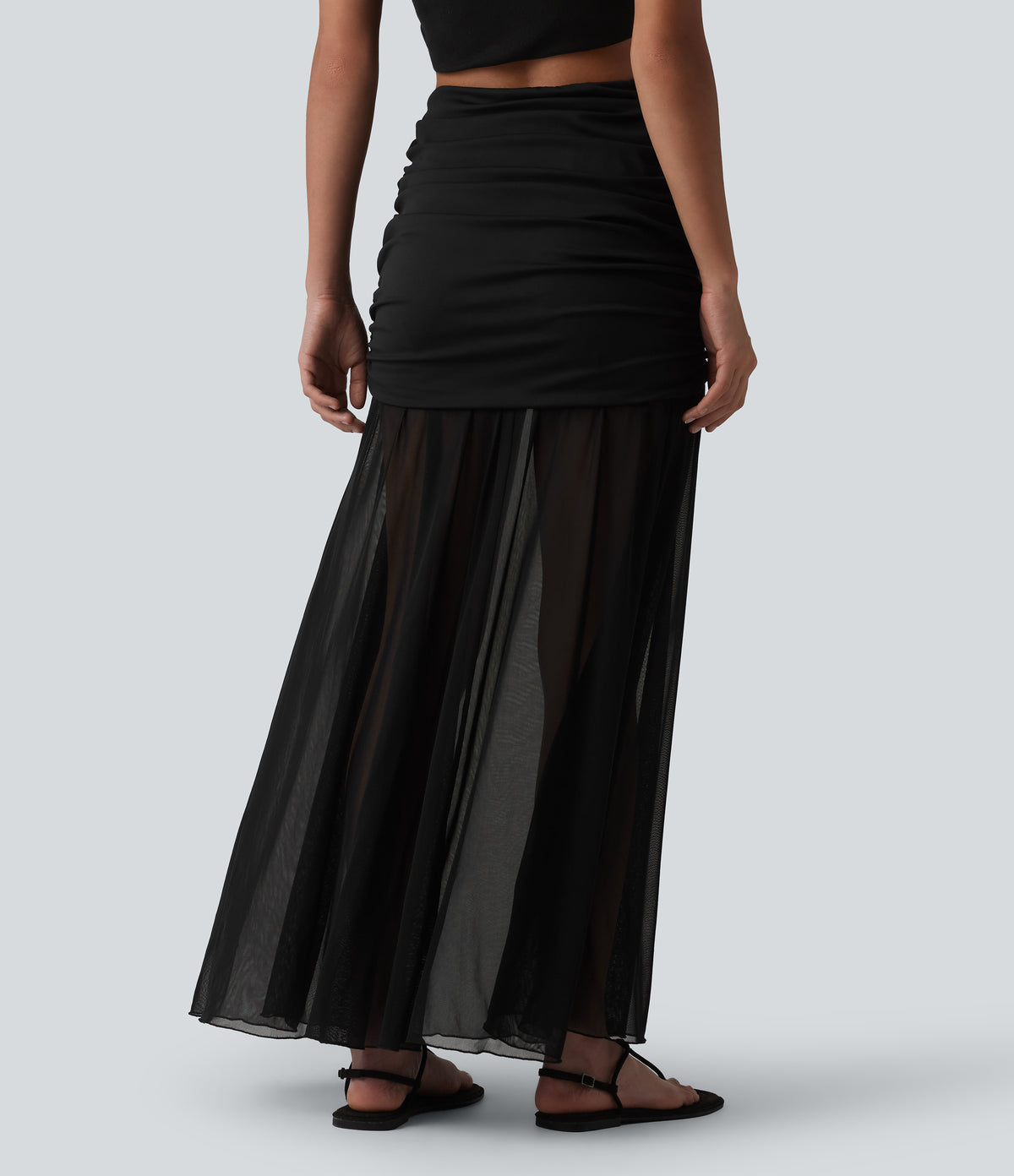High Waisted Ruched Maxi 2-in-1 Casual Flowy Mesh Skirt — Black — view 2