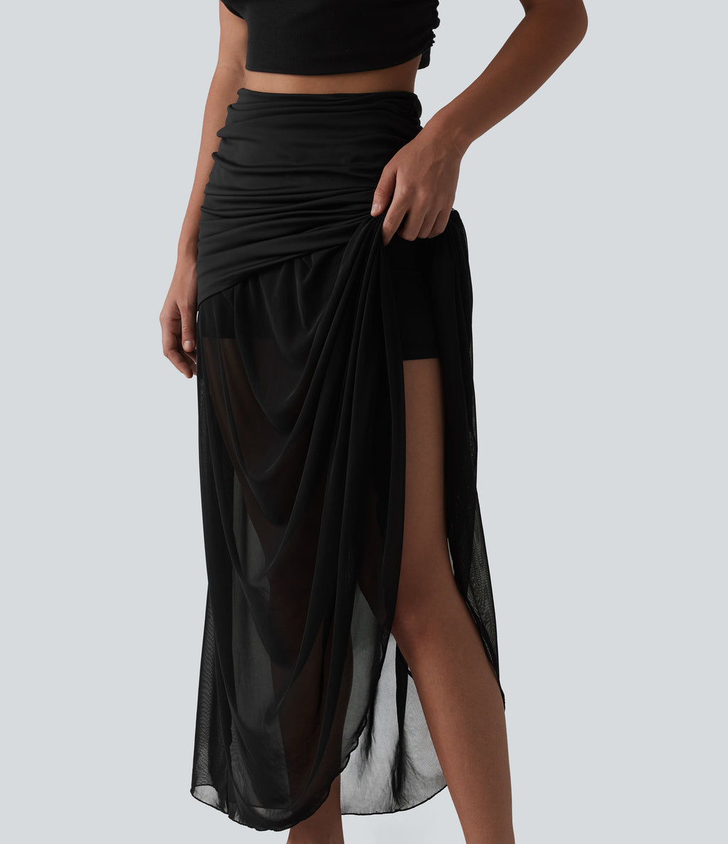 High Waisted Ruched Maxi 2-in-1 Casual Flowy Mesh Skirt — Black — view 4