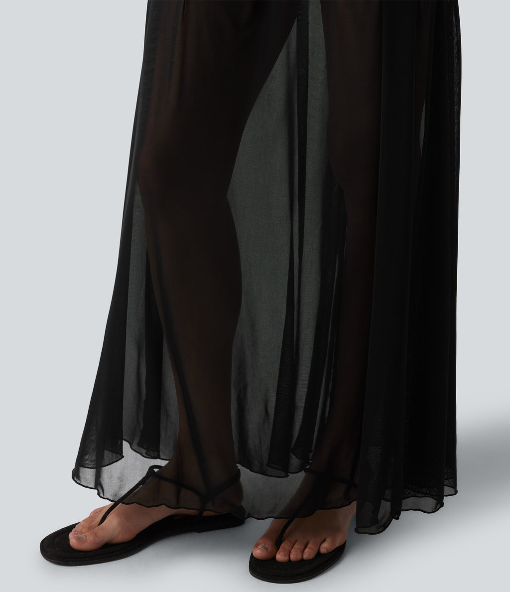 High Waisted Ruched Maxi 2-in-1 Casual Flowy Mesh Skirt — Black — view 6