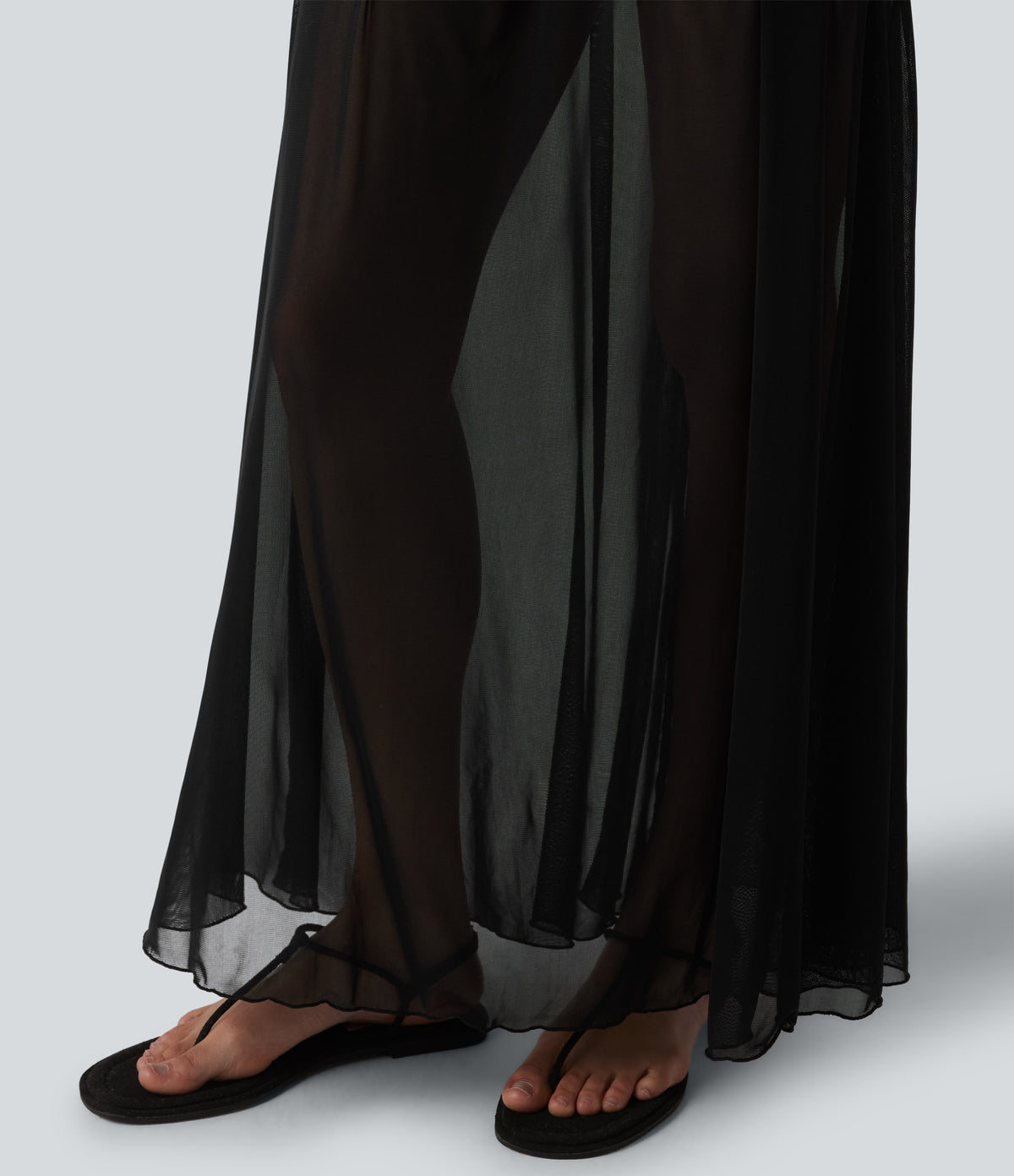 High Waisted Ruched Maxi 2-in-1 Casual Flowy Mesh Skirt — Black — view 6
