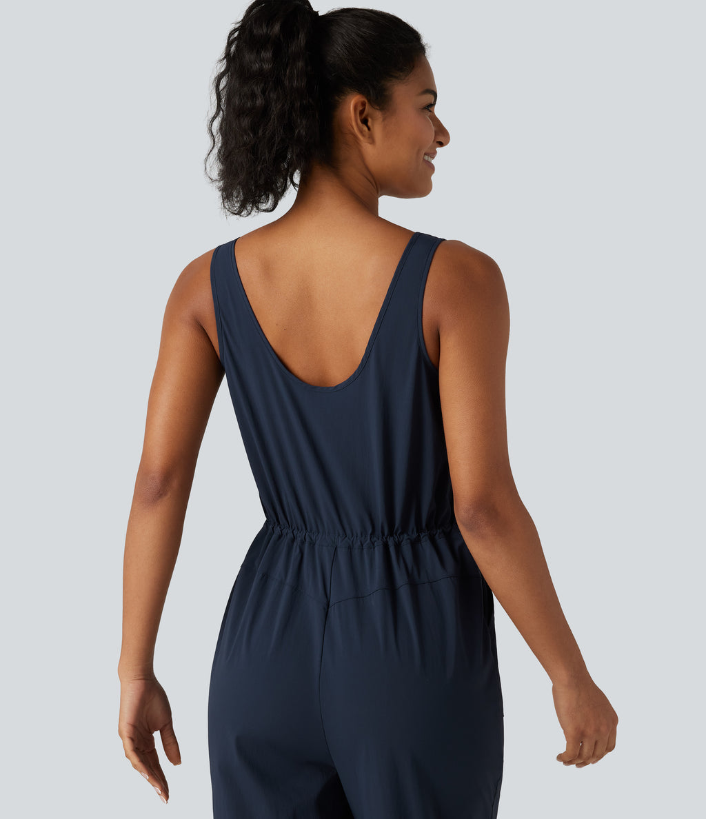 V Neck Drawstring Curved Hem Hiking Jumpsuit with Pockets — Midnight Blue — view 5