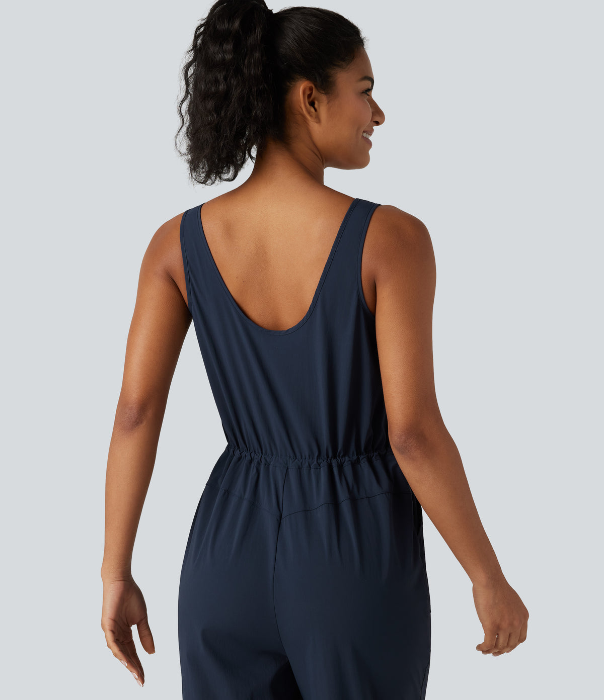 V Neck Drawstring Curved Hem Hiking Jumpsuit with Pockets — Midnight Blue — view 5