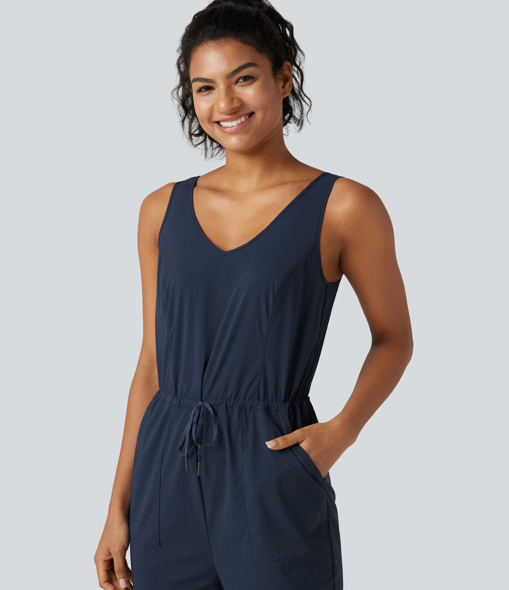 V Neck Drawstring Curved Hem Hiking Jumpsuit with Pockets — Midnight Blue — view 4