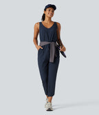 V Neck Drawstring Curved Hem Hiking Jumpsuit with Pockets — Midnight Blue — view 8