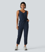 V Neck Drawstring Curved Hem Hiking Jumpsuit with Pockets — Midnight Blue — view 3