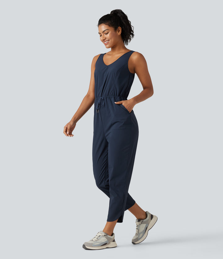 V Neck Drawstring Curved Hem Hiking Jumpsuit with Pockets — Midnight Blue — view 1