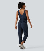 V Neck Drawstring Curved Hem Hiking Jumpsuit with Pockets — Midnight Blue — view 2