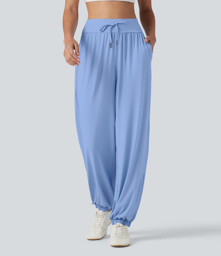 High Waisted Drawstring Split InstantCool Quick Dry Workout Joggers with Pockets-UPF50+ — Sky Blue — view 1