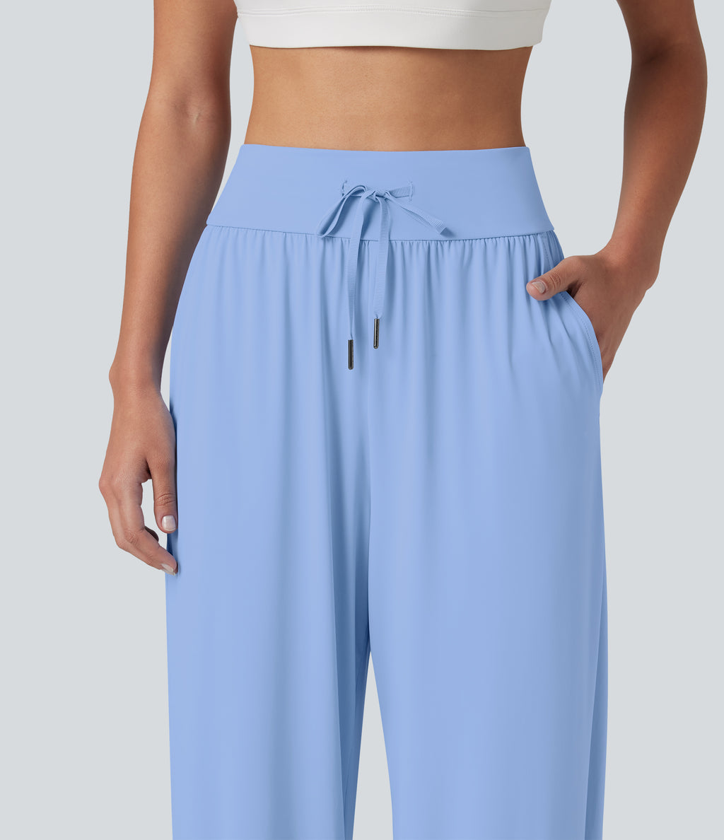 High Waisted Drawstring Split InstantCool Quick Dry Workout Joggers with Pockets-UPF50+ — Sky Blue — view 4