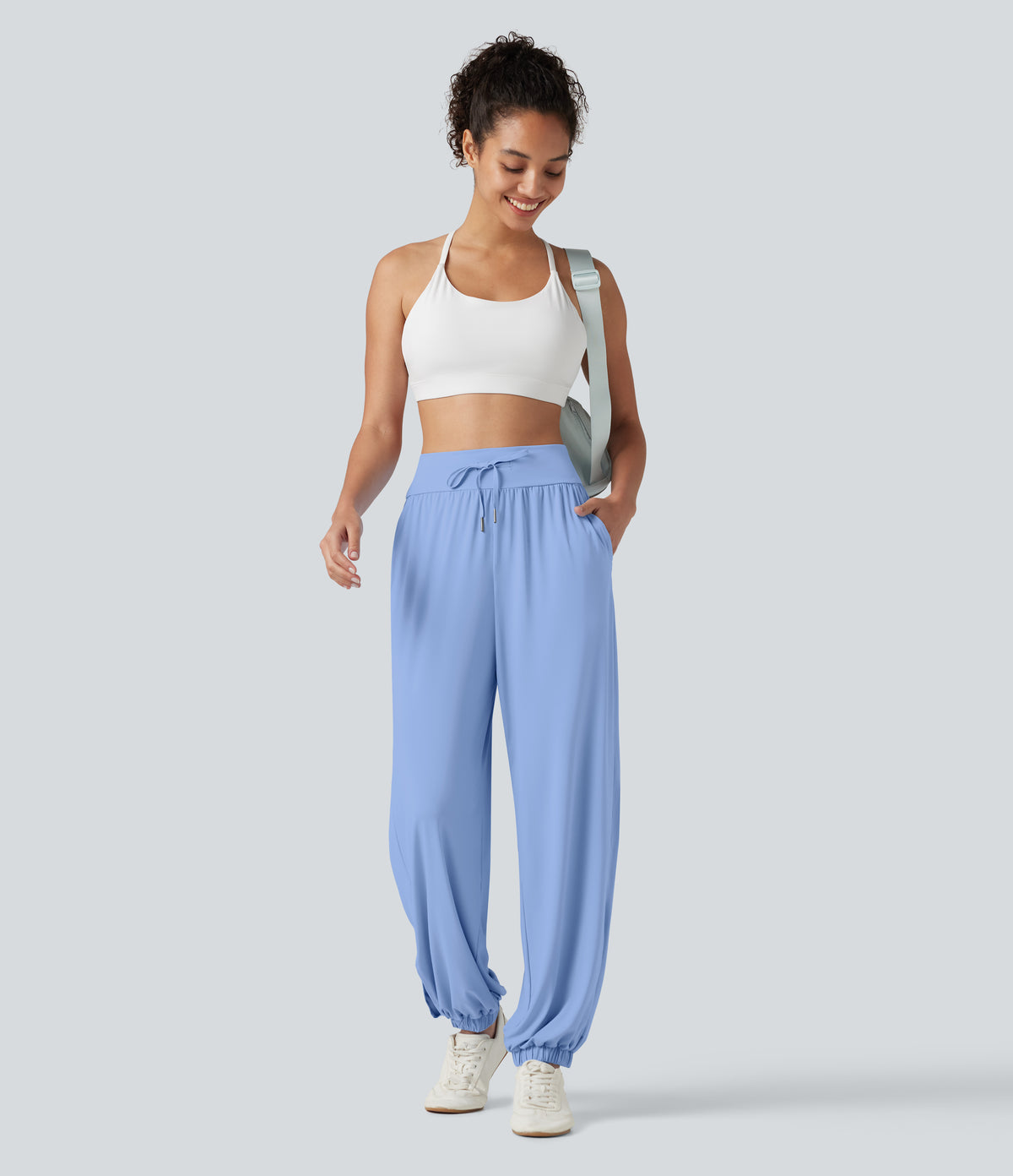 High Waisted Drawstring Split InstantCool Quick Dry Workout Joggers with Pockets-UPF50+ — Sky Blue — view 8