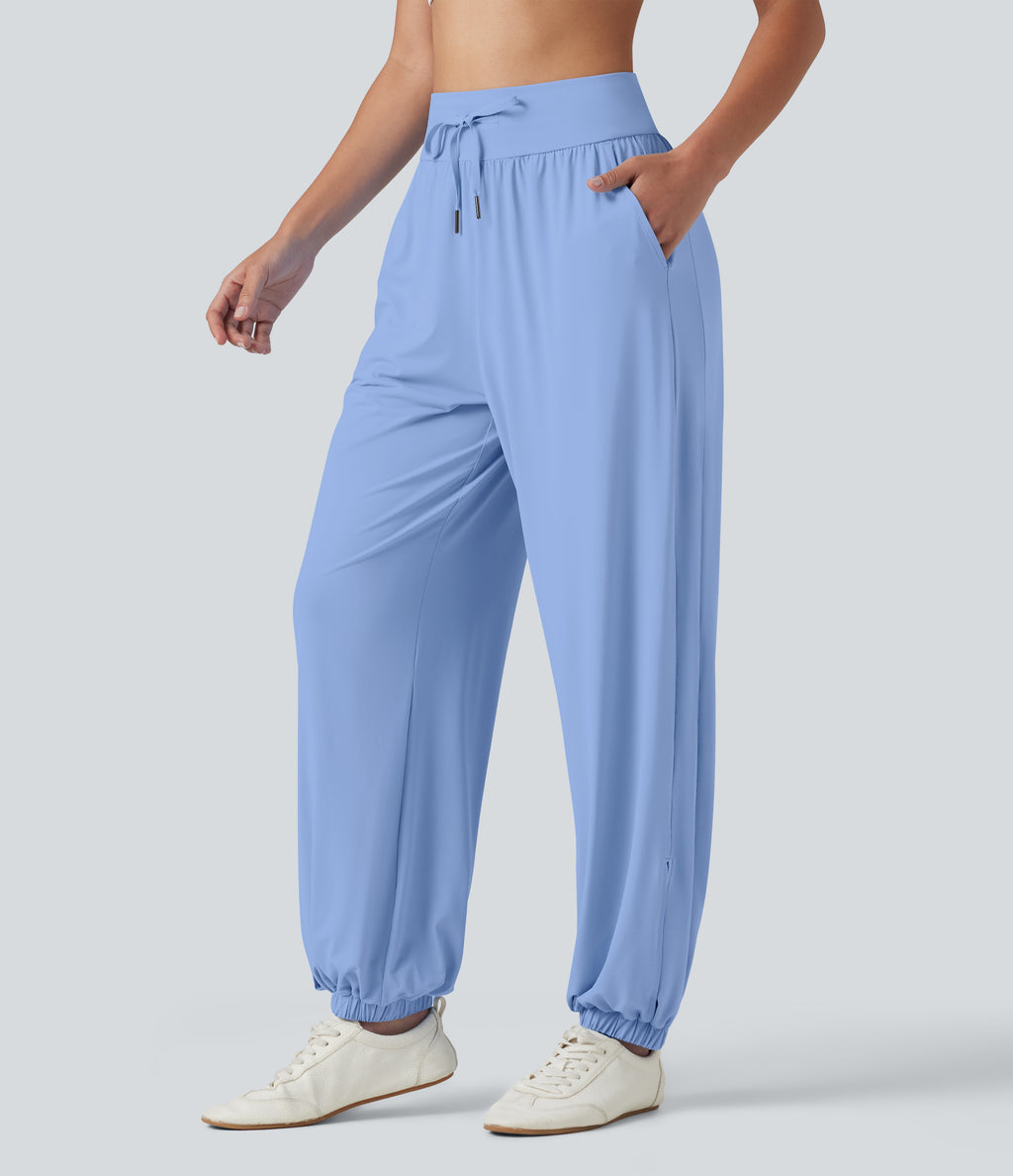 High Waisted Drawstring Split InstantCool Quick Dry Workout Joggers with Pockets-UPF50+ — Sky Blue — view 3