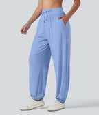High Waisted Drawstring Split InstantCool Quick Dry Workout Joggers with Pockets-UPF50+ — Sky Blue — view 3