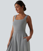 Square Neck Baggy Casual Jumpsuit with Pockets-Edition — Ultimate Gray — view 4