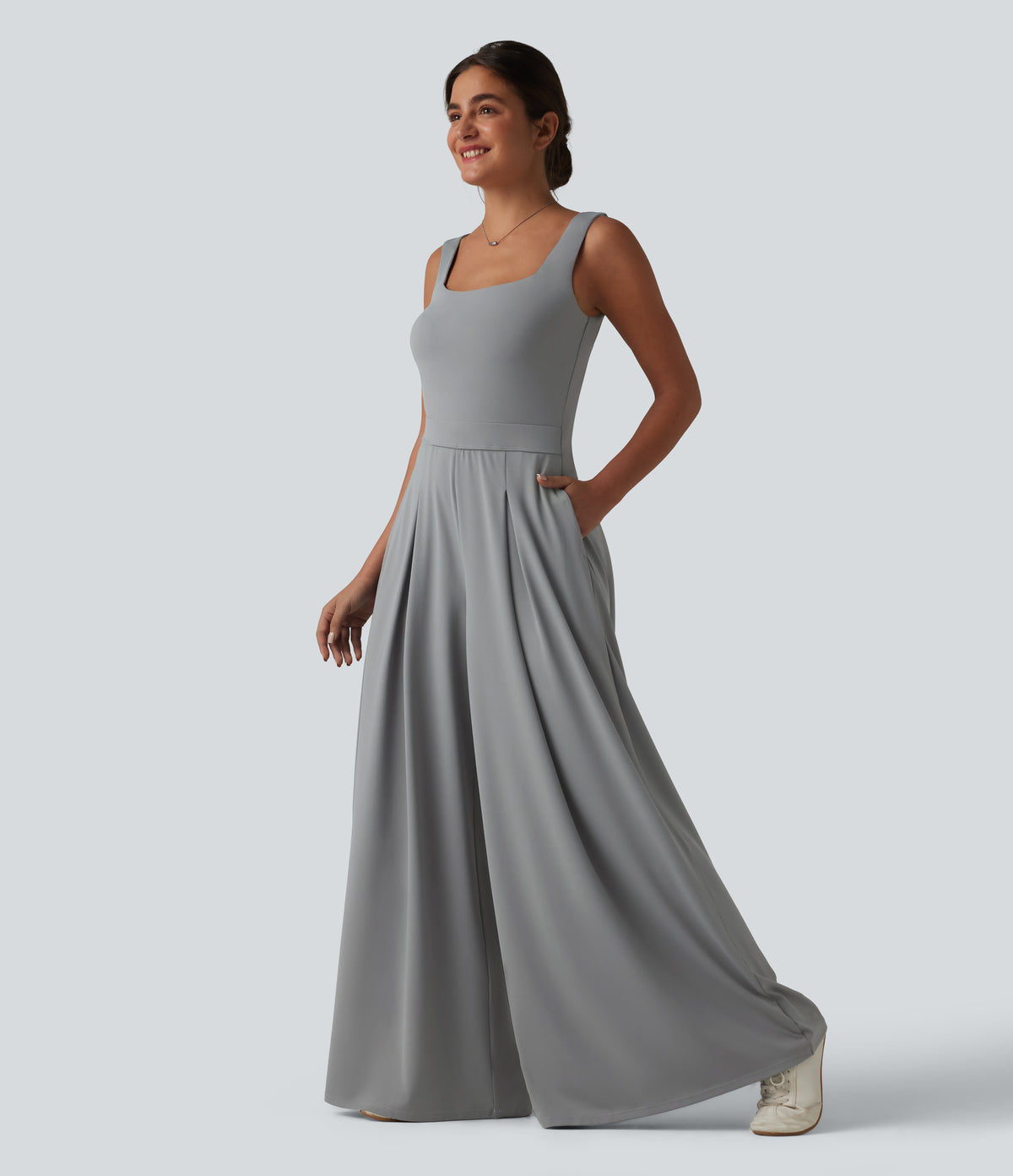 Square Neck Baggy Casual Jumpsuit with Pockets-Edition — Ultimate Gray — view 3