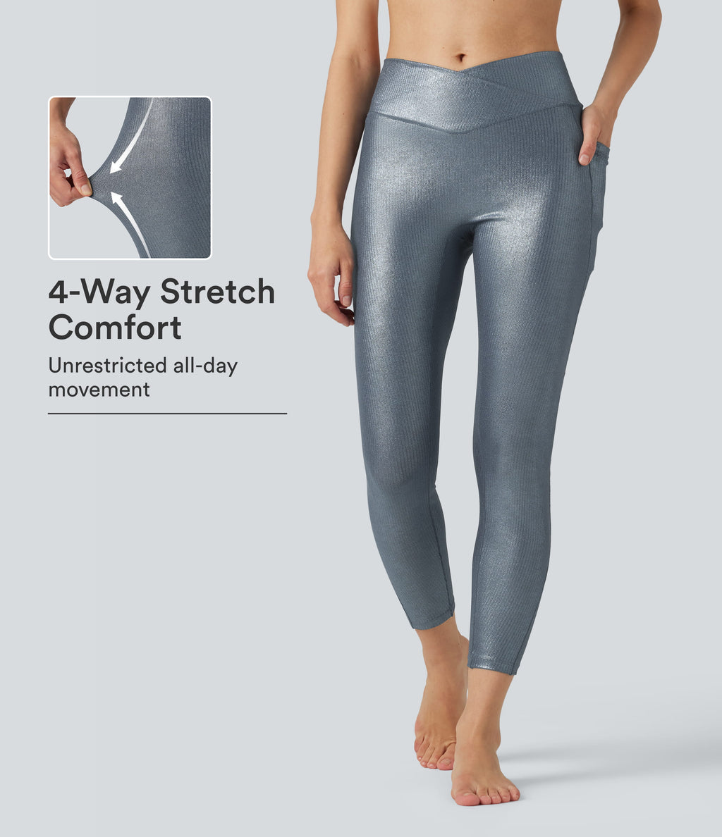 Ribbed Knit High Waisted Crossover Foil Print Yoga Leggings with Pockets — Sea Fog Blue — view 1